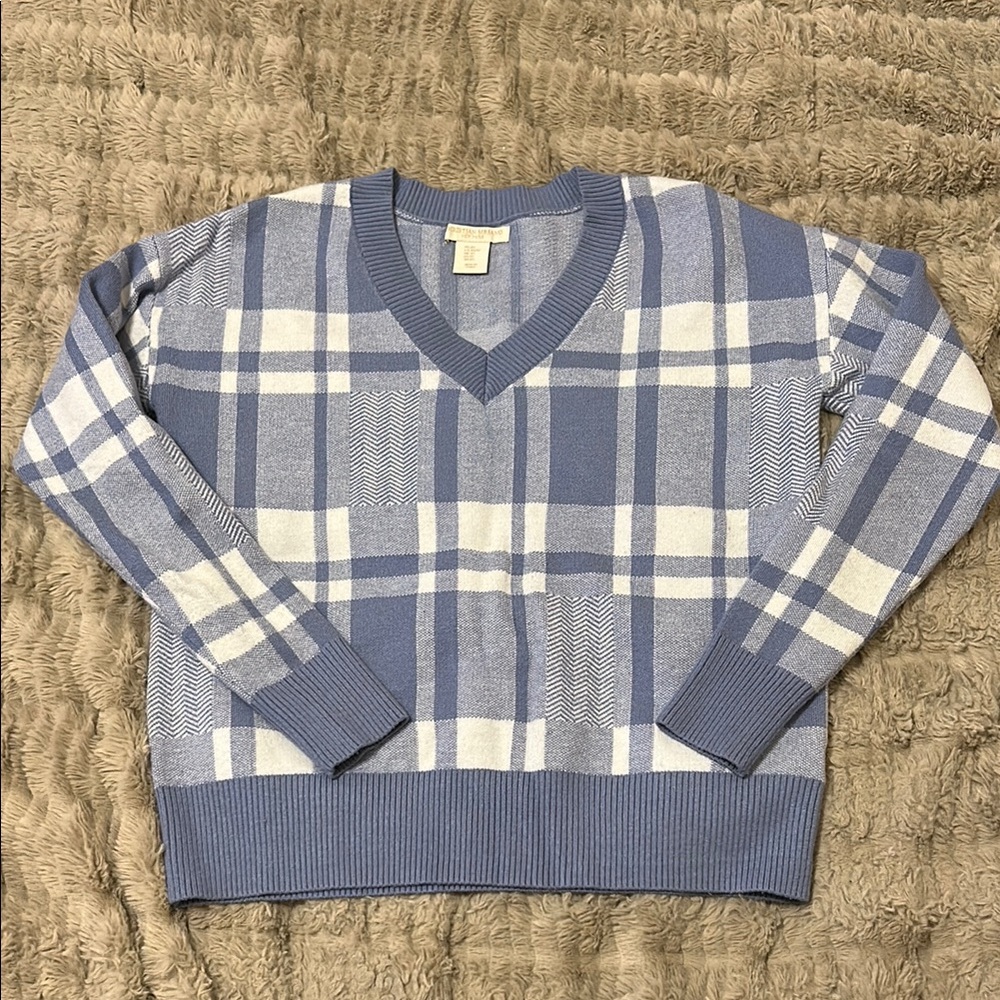 Christian Siriano Blue and White V-Neck Sweater